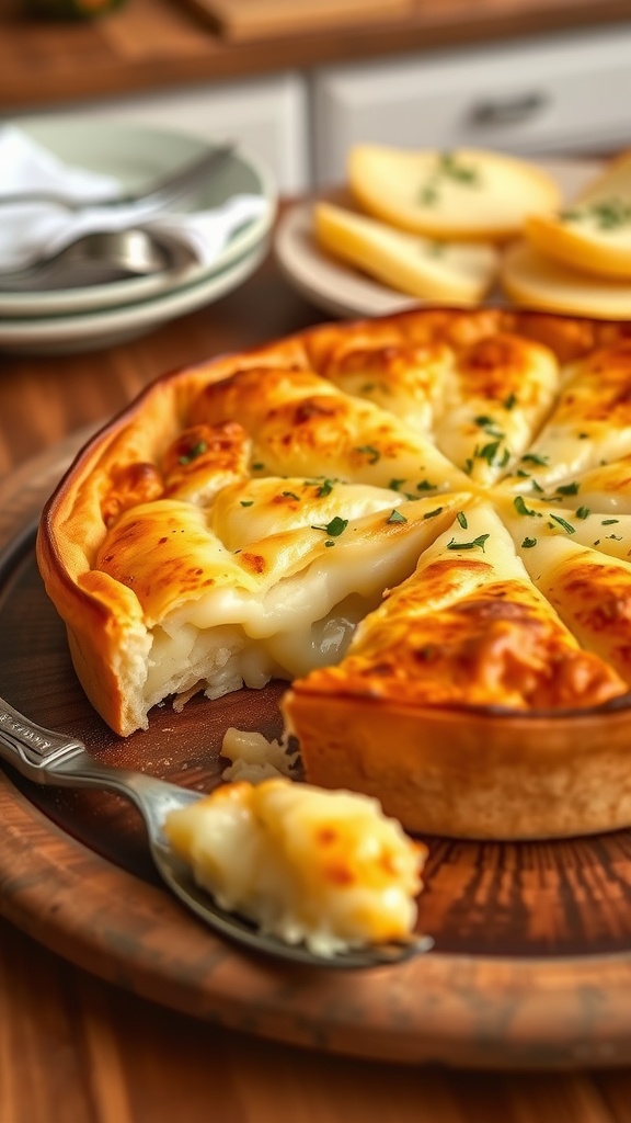 Savory potato and cheese pie with a slice removed, displaying creamy filling, on a rustic wooden table.